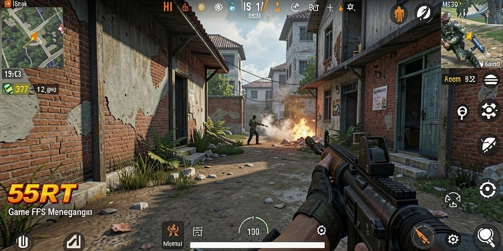 Tampak layar gameplay 55RT dengan aksi tembak-tembakan intens.