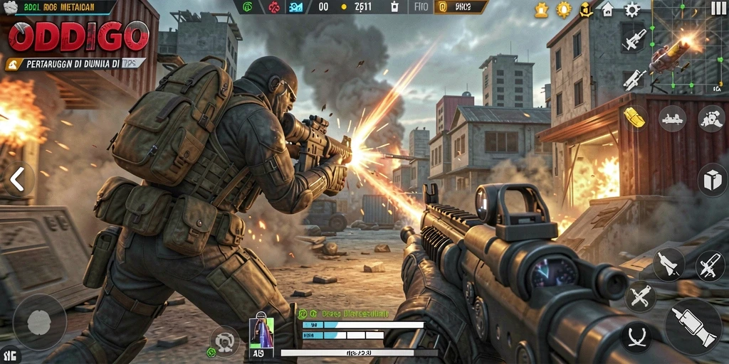 Screenshot aksi seru dalam gameplay ODDIGO di dunia TPS.