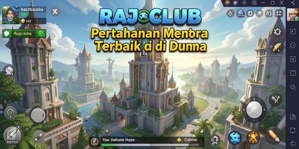 Gameplay RAJACLUB menampilkan menara yang berjuang melawan gelombang musuh.