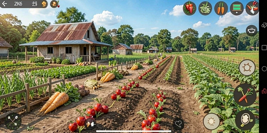 Screenshot gameplay ZK6 menunjukkan aktivitas berkebun yang menyenangkan.
